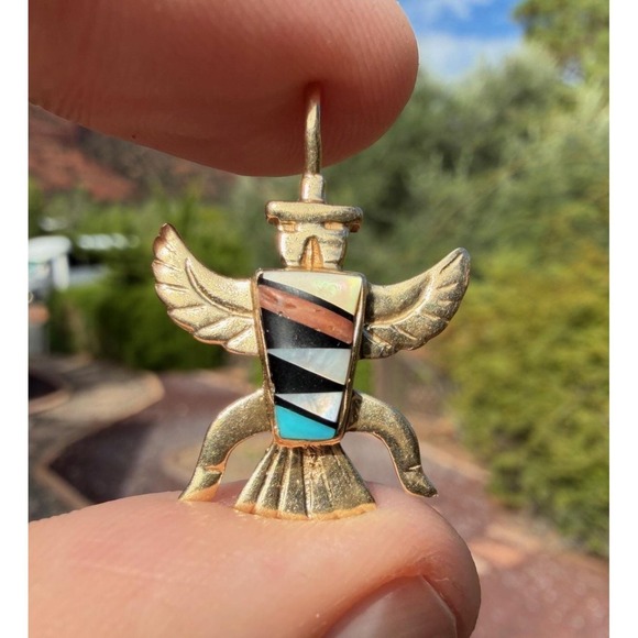 Vintage Zuni 14k Solid Yellow Gold Knifewing Multi Stone Pendant Charm Necklace - Picture 1 of 7